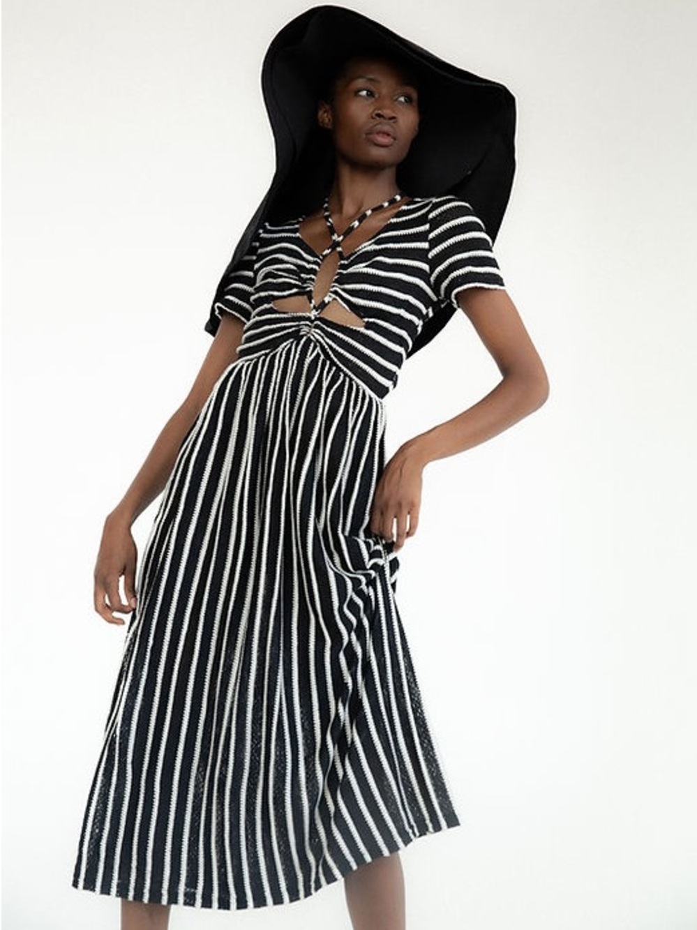 TACH simona Black & White Striped Midi Dress with Front Cutouts